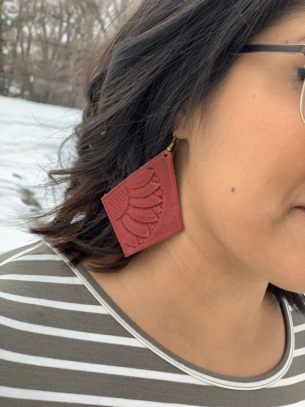Red flower stamped Leather earrings